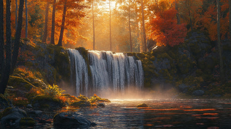 Autumn forest waterfall design file showing detailed sunset scene with cascading water and golden light