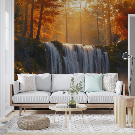 Autumn forest waterfall mural creates a stunning backdrop in a modern living room with natural light and minimal furniture