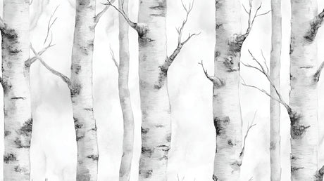 Black and white birch forest wallpaper design file showing detailed trunk and branch pattern