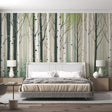 Forest wallpaper mural creating a calm atmosphere in a modern living room with natural light highlighting the birch trees