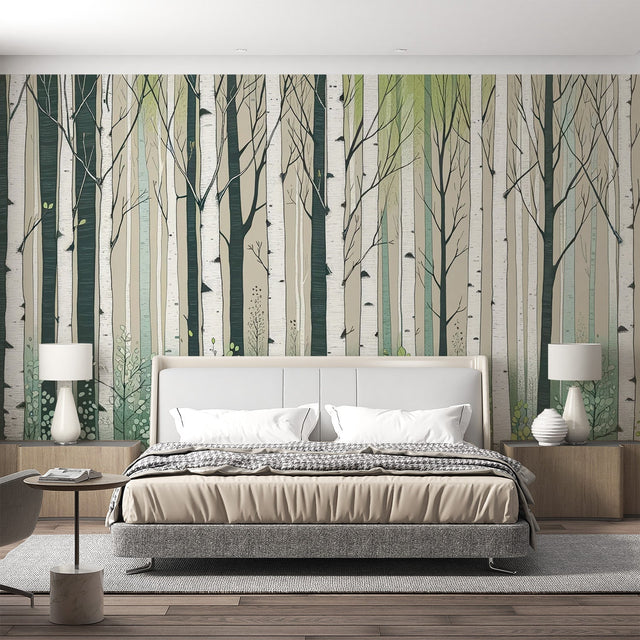 Forest wallpaper mural creating a calm atmosphere in a modern living room with natural light highlighting the birch trees