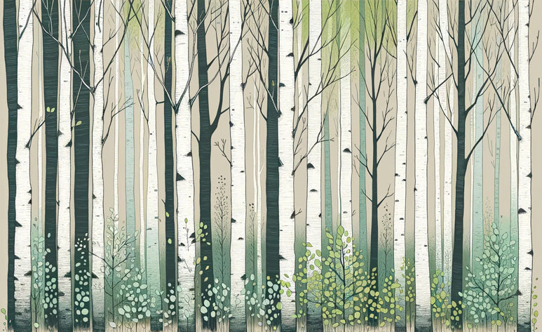 Birch tree forest wallpaper design file showing detailed trunk patterns and gentle green foliage