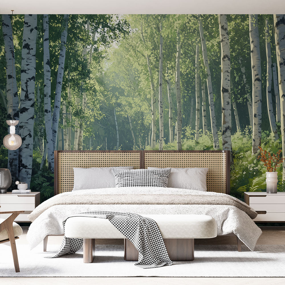 Birch forest wallpaper creating a serene atmosphere in a modern living room with natural light