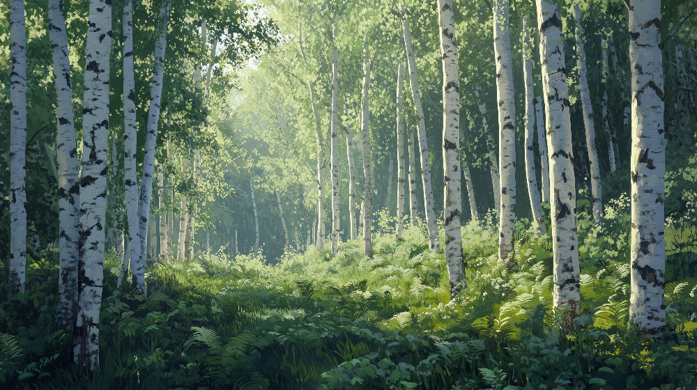 Forest wall mural design file showing detailed birch trees and green ferns pattern