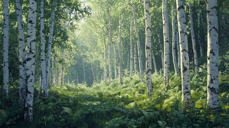 Forest wall mural design file showing detailed birch trees and green ferns pattern
