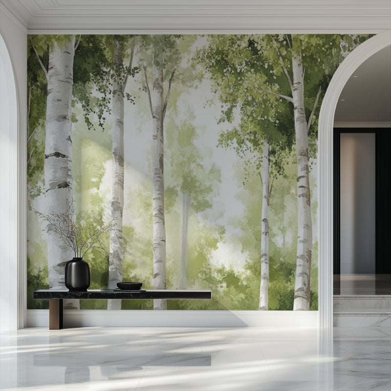 Forest wallpaper bringing nature indoors in a minimalist dining space