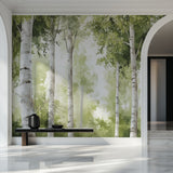 Forest wallpaper bringing nature indoors in a minimalist dining space