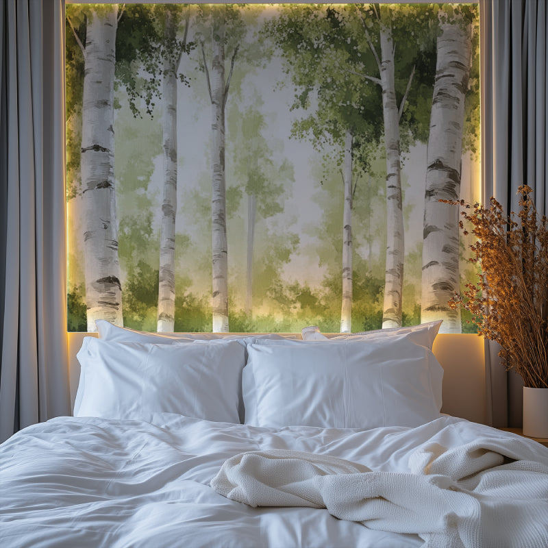Green forest mural creating a natural focal point in an entrance hall