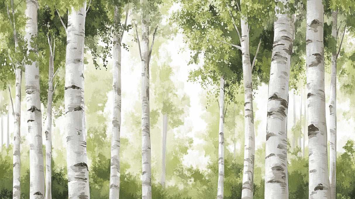 Birch forest wallpaper design file showing detailed white trunks and green foliage pattern