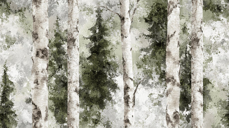 Design file showing detailed birch tree pattern with misty green forest effect