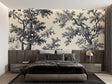 Black and beige forest wallpaper in modern living room showing Toile de Jouy tree pattern