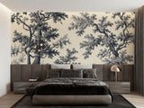 Black and beige forest wallpaper in modern living room showing Toile de Jouy tree pattern