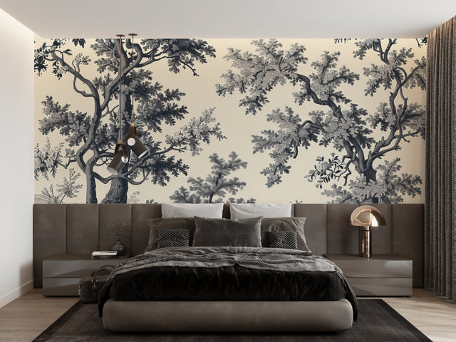 Black and beige forest wallpaper in modern living room showing Toile de Jouy tree pattern