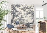 Master bedroom with black and beige Toile de Jouy forest wallpaper creating calm atmosphere