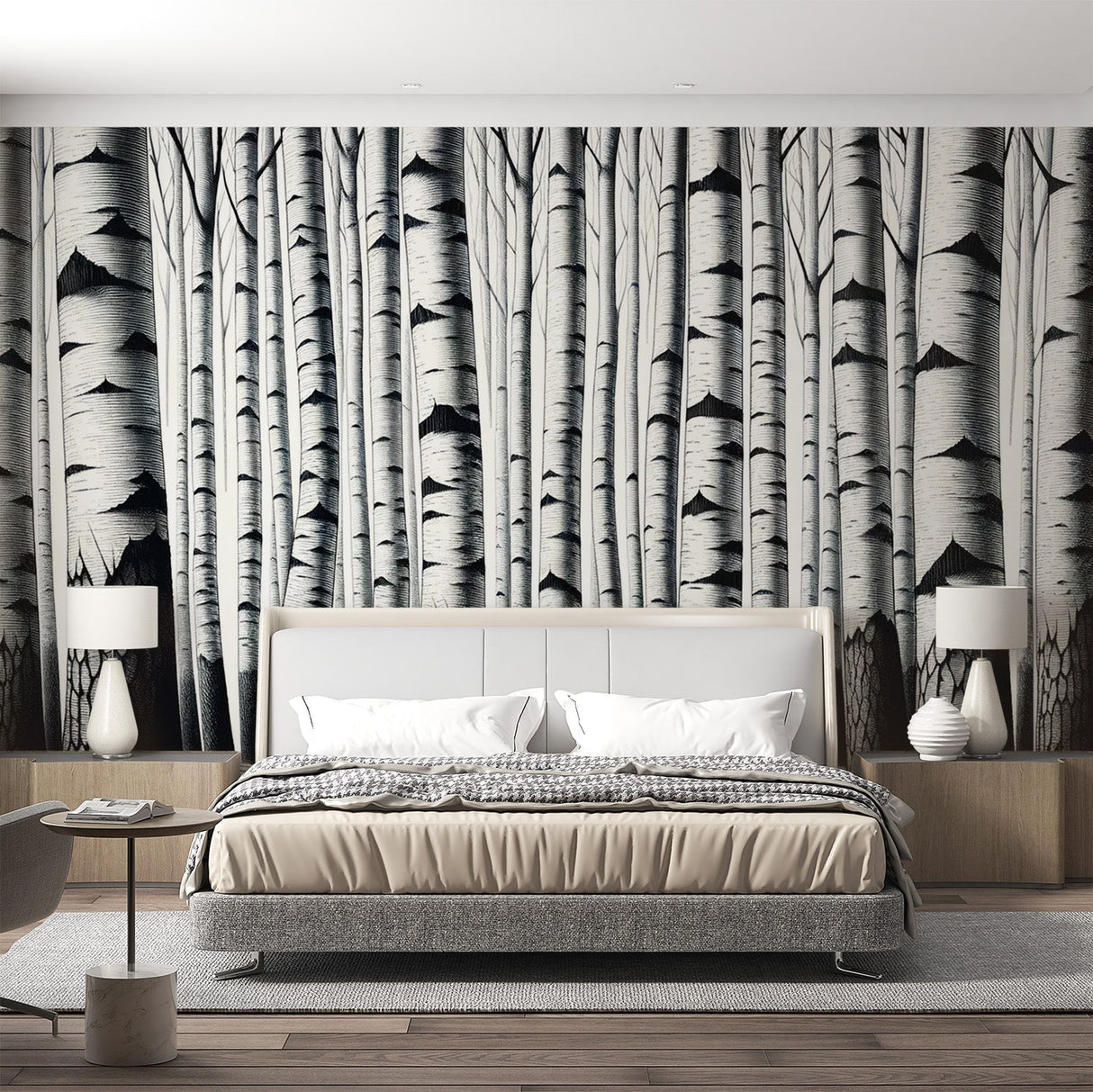 Black and white birch forest wallpaper creating a dramatic statement wall in a modern minimalist living room
