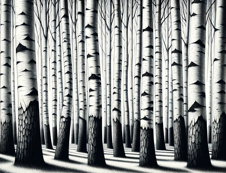 Black and white birch grove wallpaper design file showing detailed tree pattern and textures