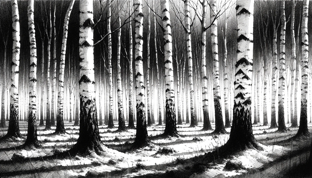 Black and white birch tree pattern design file showing detailed trunk textures and shadows