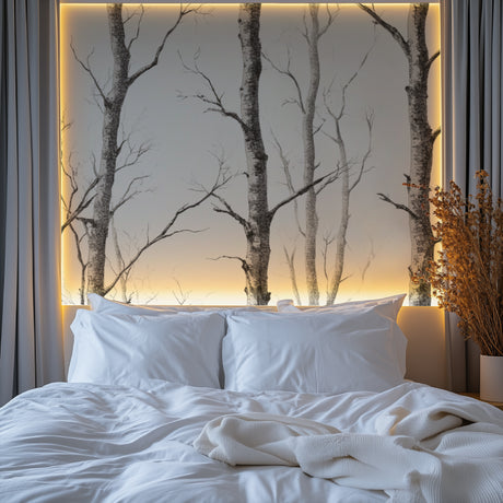 Black and white birch tree mural in modern Scandinavian living room creating depth and atmosphere