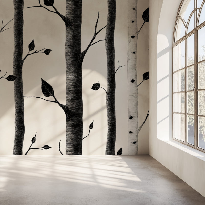 Black and white birch forest wallpaper in a modern living room with gray sofa