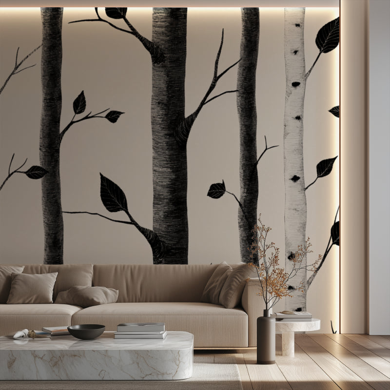 Monochrome tree mural creating depth in a minimalist bedroom