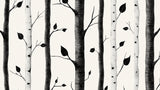 Black and white birch forest wallpaper design file showing intricate trunk details and leaf patterns