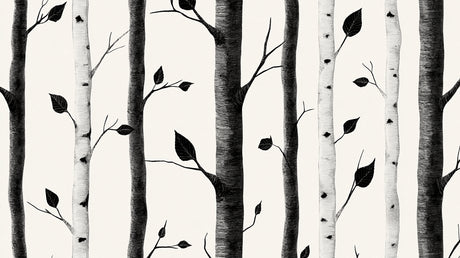 Black and white birch forest wallpaper design file showing intricate trunk details and leaf patterns
