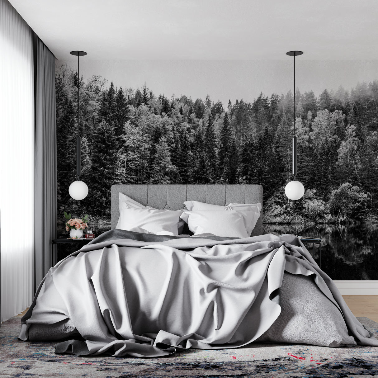 Monochrome lake reflection mural in master bedroom with moody lighting