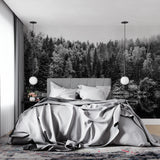 Monochrome lake reflection mural in master bedroom with moody lighting