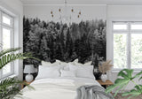 Forest landscape wallpaper making statement in contemporary dining room
