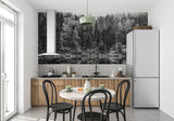 Nature wall mural adding drama to minimalist home office space