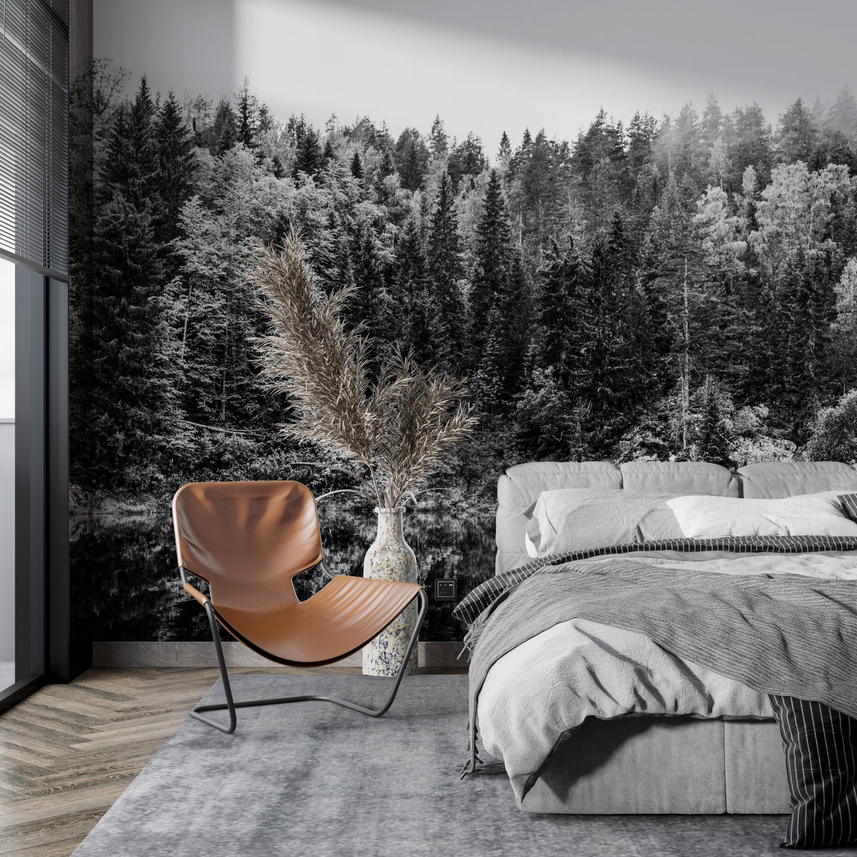 Black and white forest mural transforming boutique hotel lobby