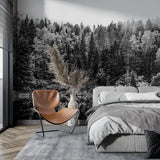 Black and white forest mural transforming boutique hotel lobby