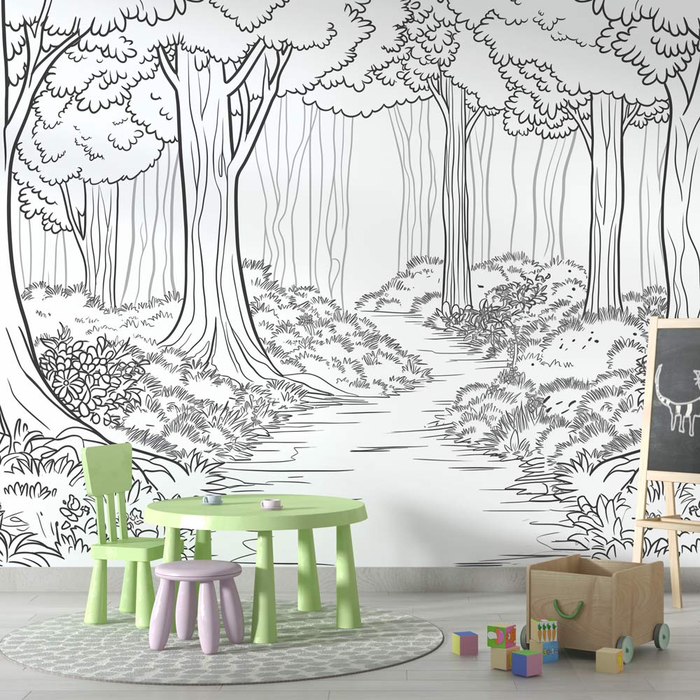 Black and white forest path wallpaper creating depth in a modern living room with minimal furniture