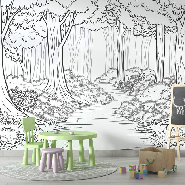 Black and white forest path wallpaper creating depth in a modern living room with minimal furniture