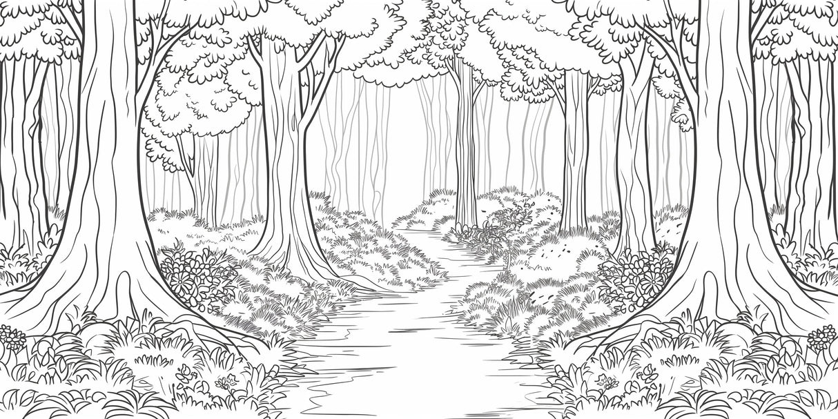 Forest path wallpaper design file showing intricate black and white line art detail