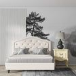 Black and white mountain lake wallpaper in modern minimalist living room showing depth and contrast