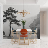 Mountain landscape mural creating dramatic focal point in master bedroom