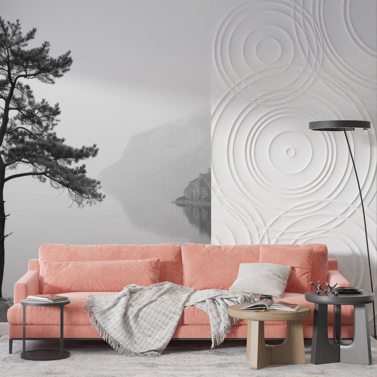 Forest wall mural in monochrome tones adding character to dining room