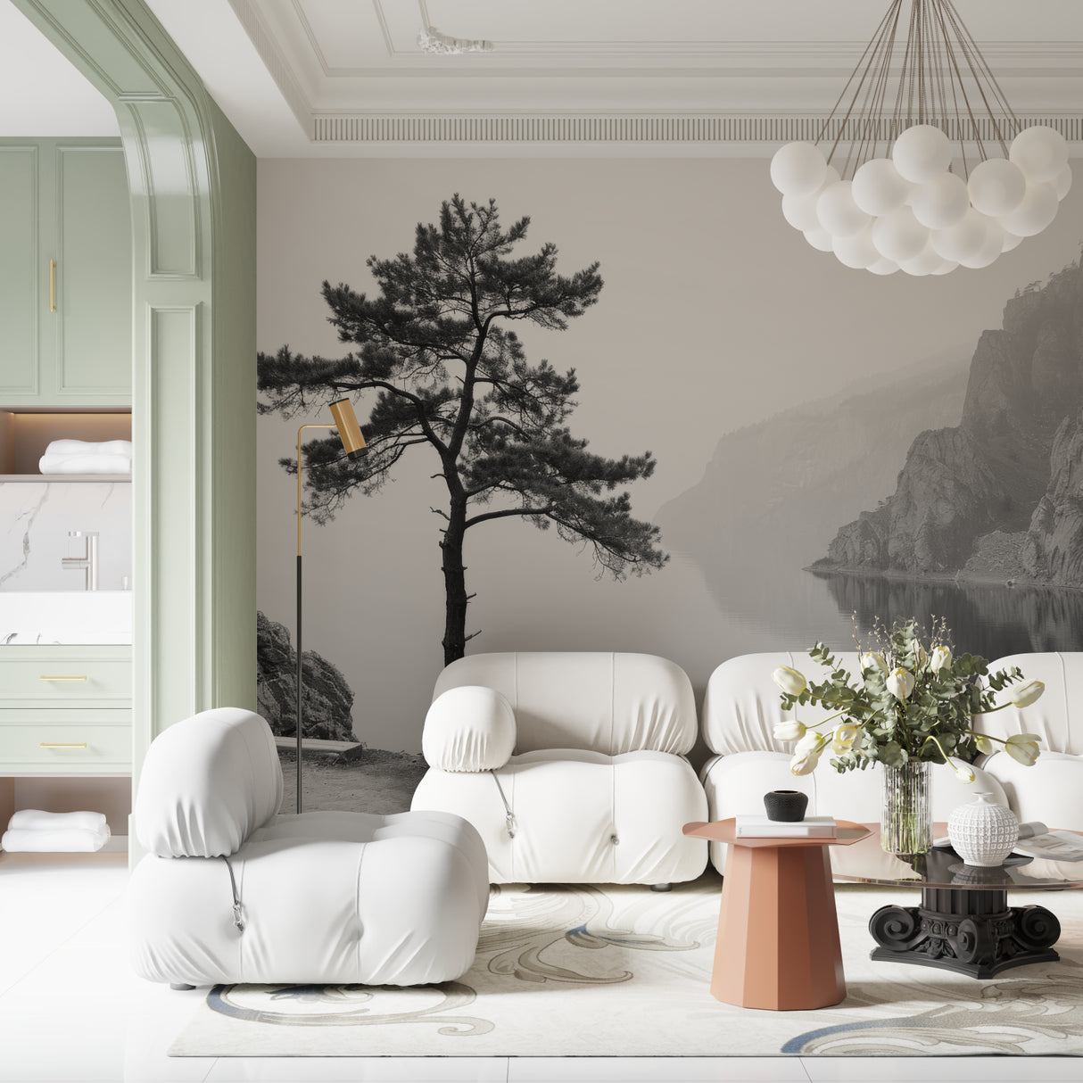 Black and white nature scene wallpaper in home office setting