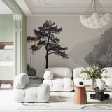 Black and white nature scene wallpaper in home office setting