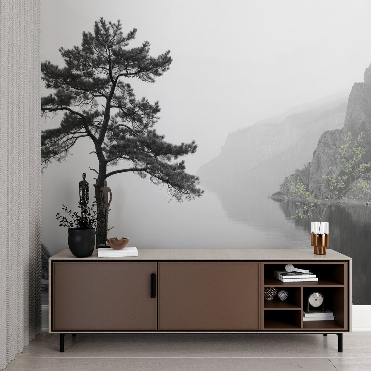 Mountain lake mural bringing natural elements to modern hallway