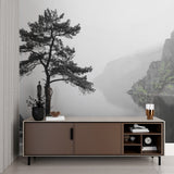 Mountain lake mural bringing natural elements to modern hallway