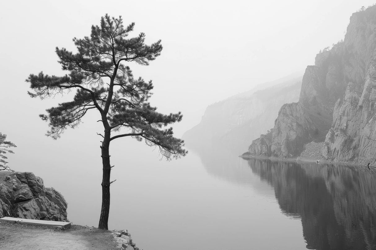 Design file showing detailed pine trees and mountain lake pattern in black and white