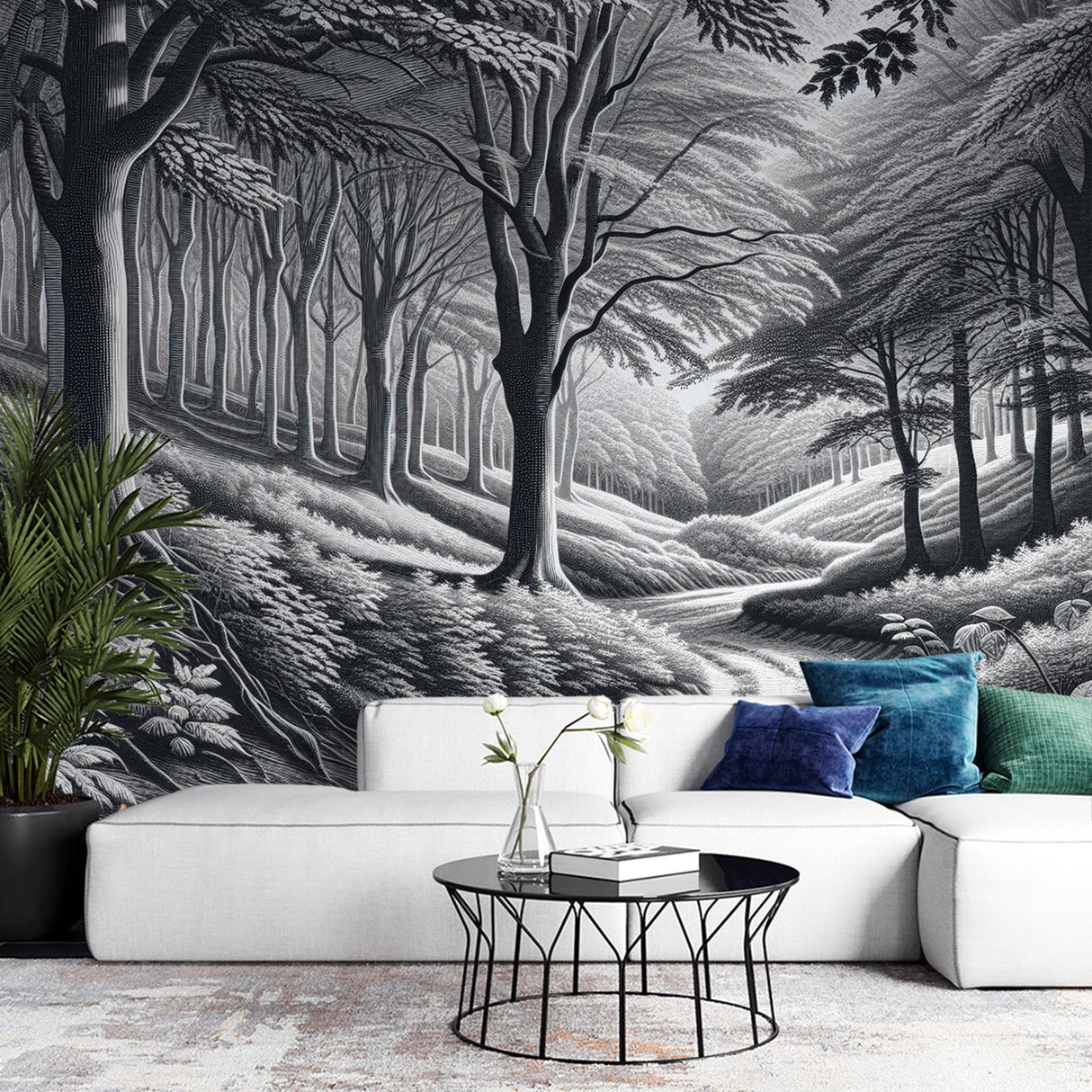 Black and white forest path wallpaper mural creating depth in a modern living room with minimal furniture