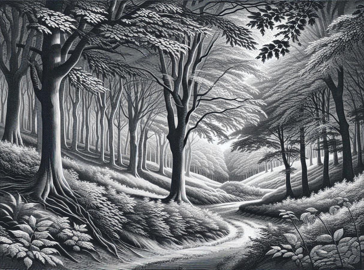 Black and white forest path wallpaper design file showing detailed tree patterns and nature path