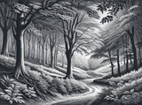 Black and white forest path wallpaper design file showing detailed tree patterns and nature path