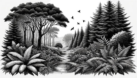 Black and white forest wallpaper design file showing detailed tree and fern pattern