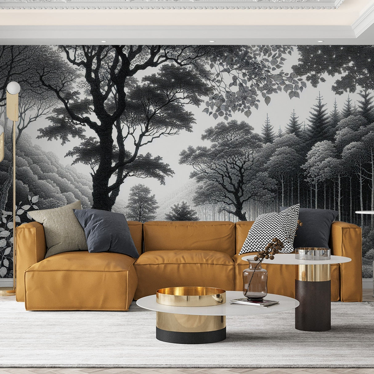Black and white forest wallpaper mural creating depth in a modern living room with minimal furniture