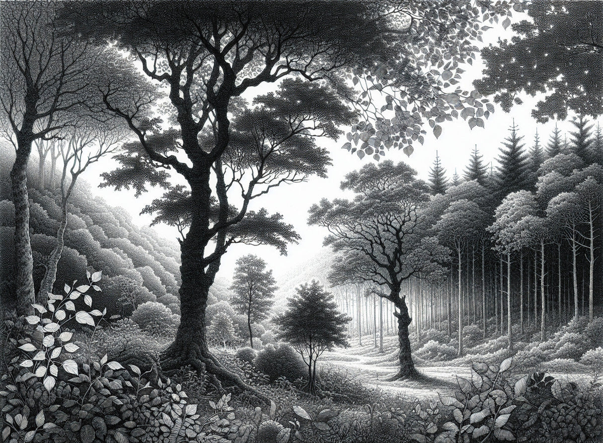 Black and white forest scene design file showing detailed tree silhouettes and misty backdrop