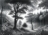 Black and white forest scene design file showing detailed tree silhouettes and misty backdrop